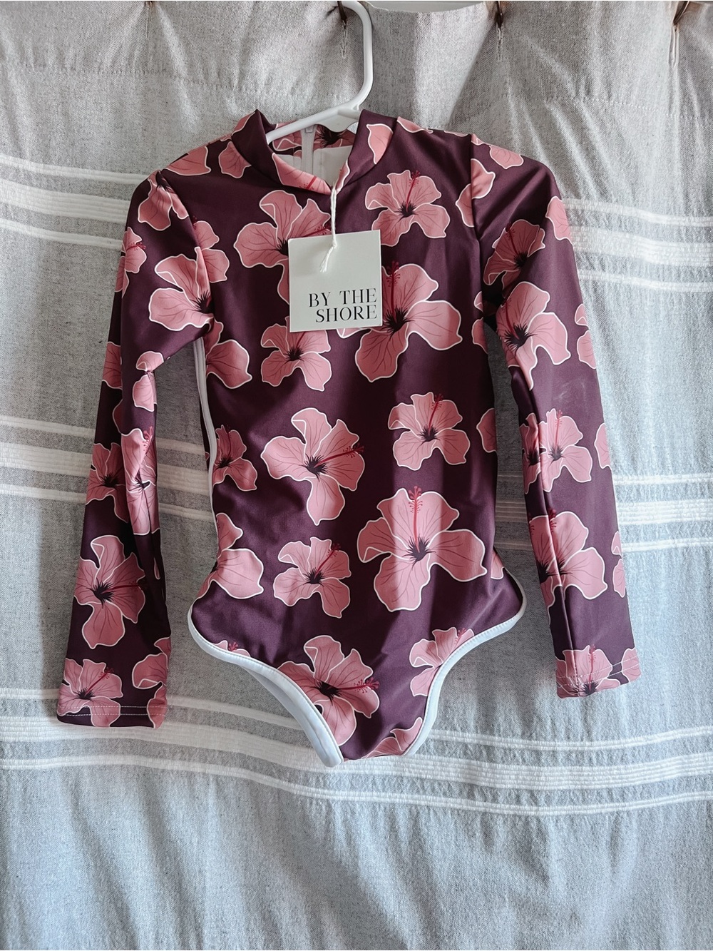 Girls' Long-Sleeve Floral Rashguard Swimsuit - Pink on Plum
